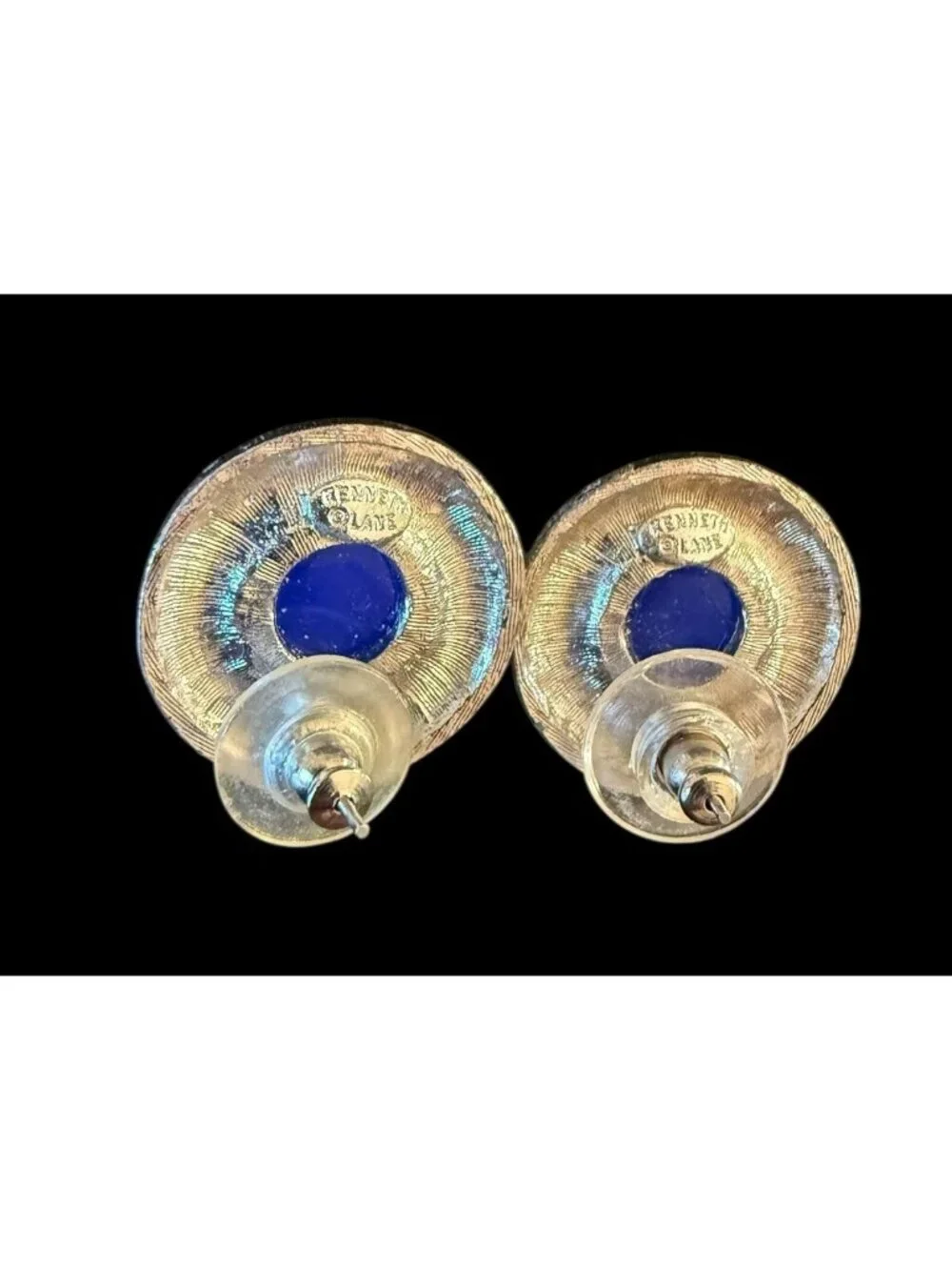 Vintage Kenneth Lane Round Blue Glass Cab Earrings Pave Clear Rhinestone 7/8” - Picture 6 of 7